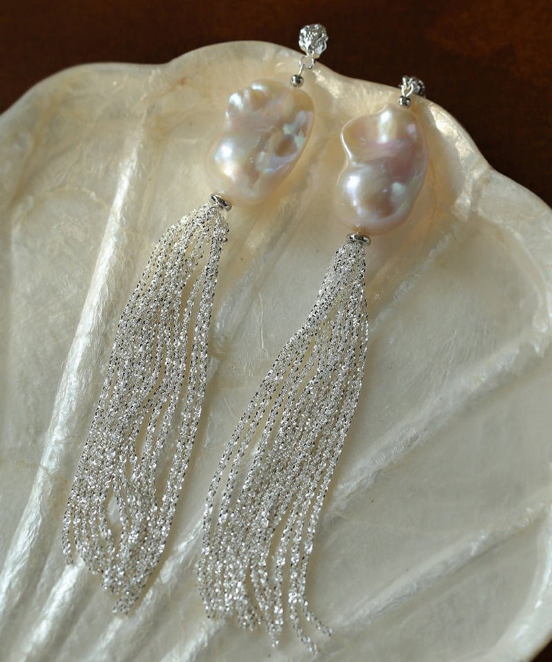 Dazzling Baroque Pearl Silver Tassel Drop Earrings gembea jewelry