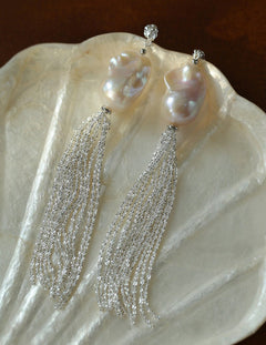 Dazzling Baroque Pearl Silver Tassel Drop Earrings gembea jewelry