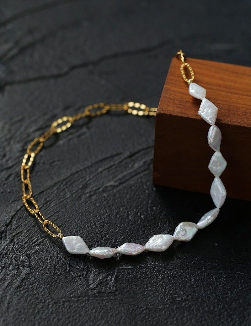 Diamond-Shaped Baroque Pearl Chain Necklace gembea jewelry