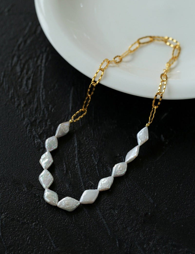 Diamond-Shaped Baroque Pearl Chain Necklace gembea jewelry