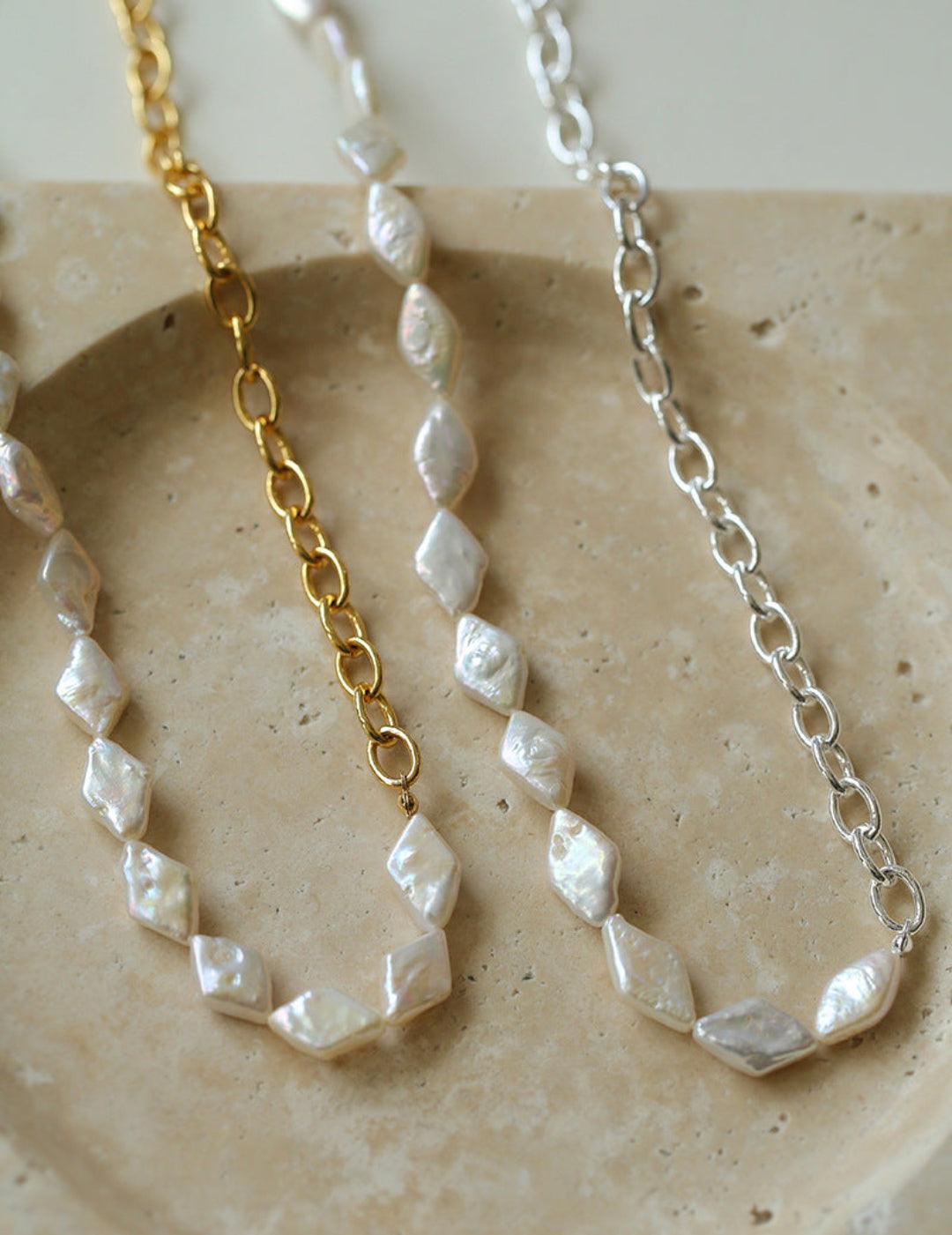 Diamond Baroque Chain Pearl Necklace - Gembea Jewelry