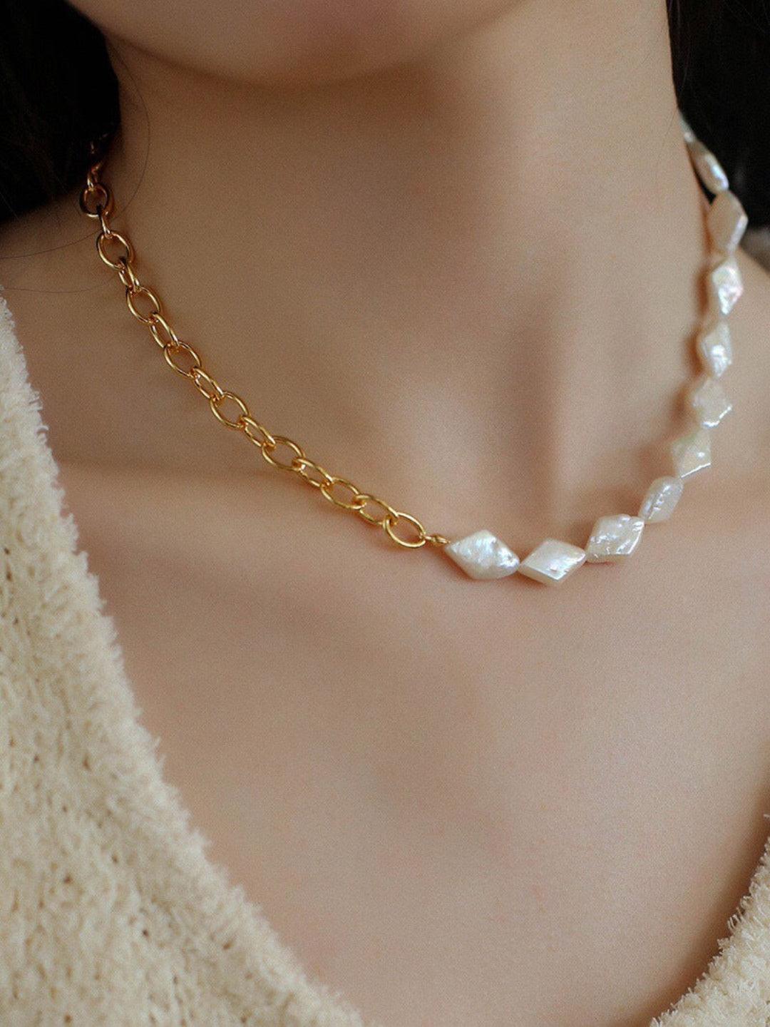 Diamond Baroque Chain Pearl Necklace - Gembea Jewelry