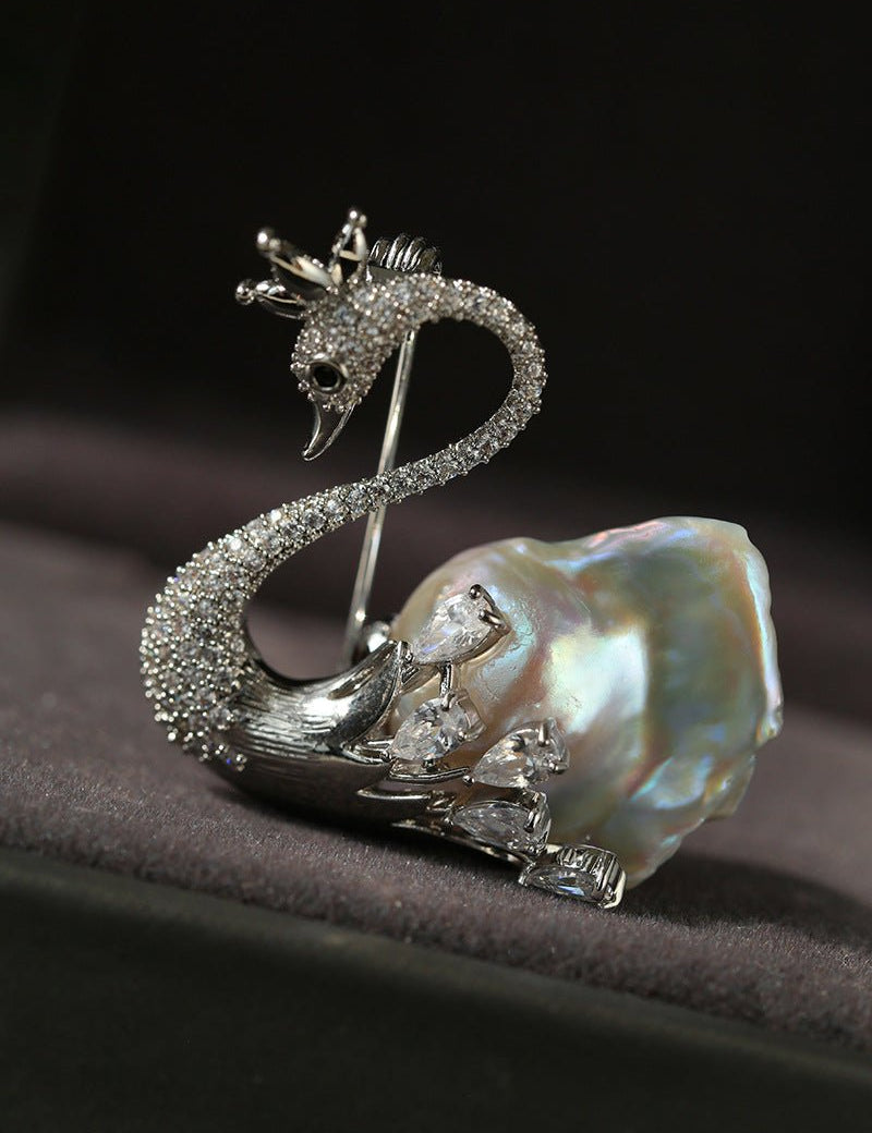 Diamond Swan Baroque Pearl Brooch gembea jewelry