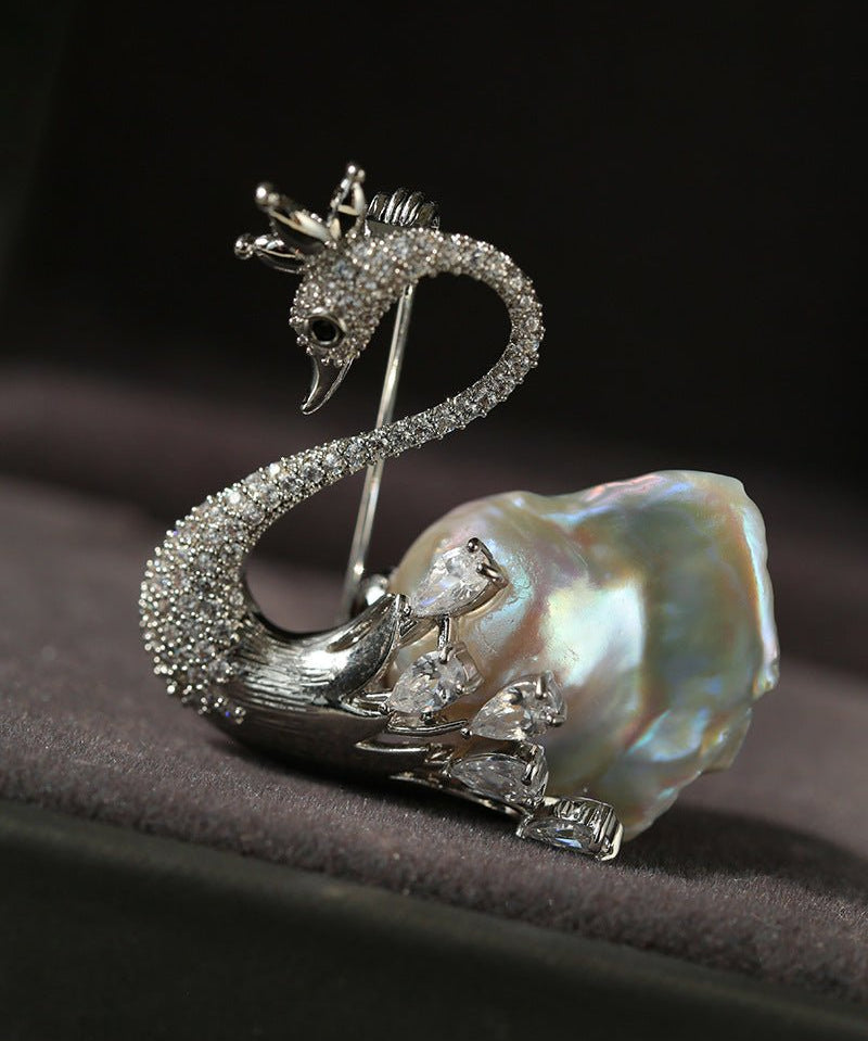 Diamond Swan Baroque Pearl Brooch gembea jewelry