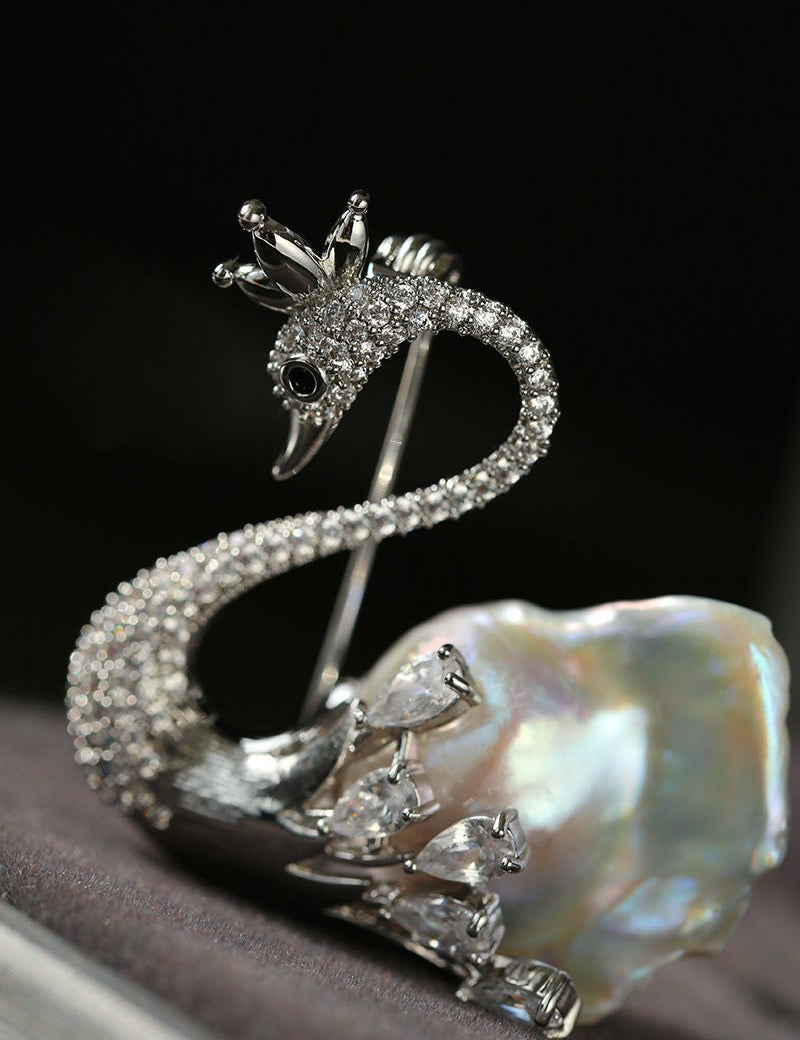 Diamond Swan Baroque Pearl Brooch gembea jewelry