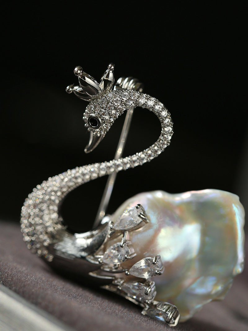 Diamond Swan Baroque Pearl Brooch gembea jewelry