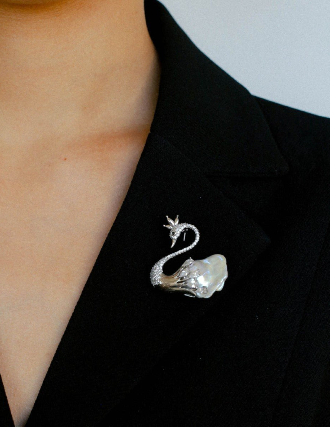 Diamond Swan Baroque Pearl Brooch gembea jewelry