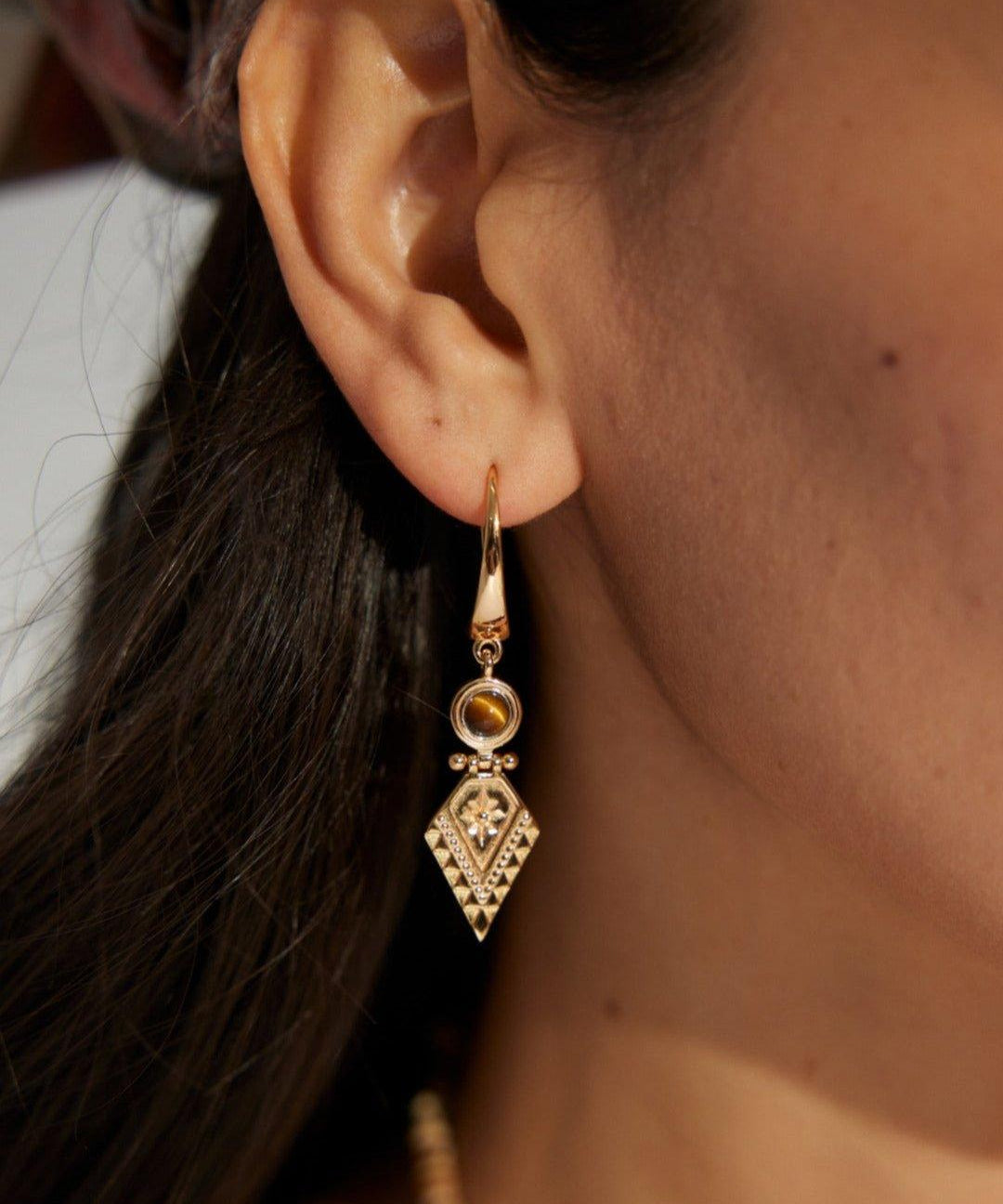 Diamond Pendant Tiger Eye Gemstone Earrings - Gembea Jewelry