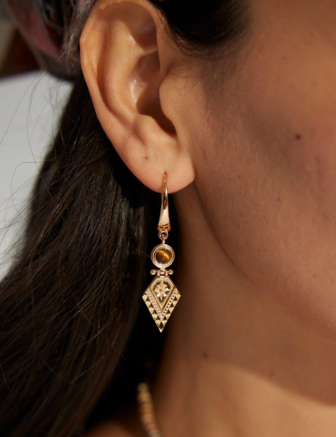 Diamond Pendant Tiger Eye Gemstone Earrings - Gembea Jewelry