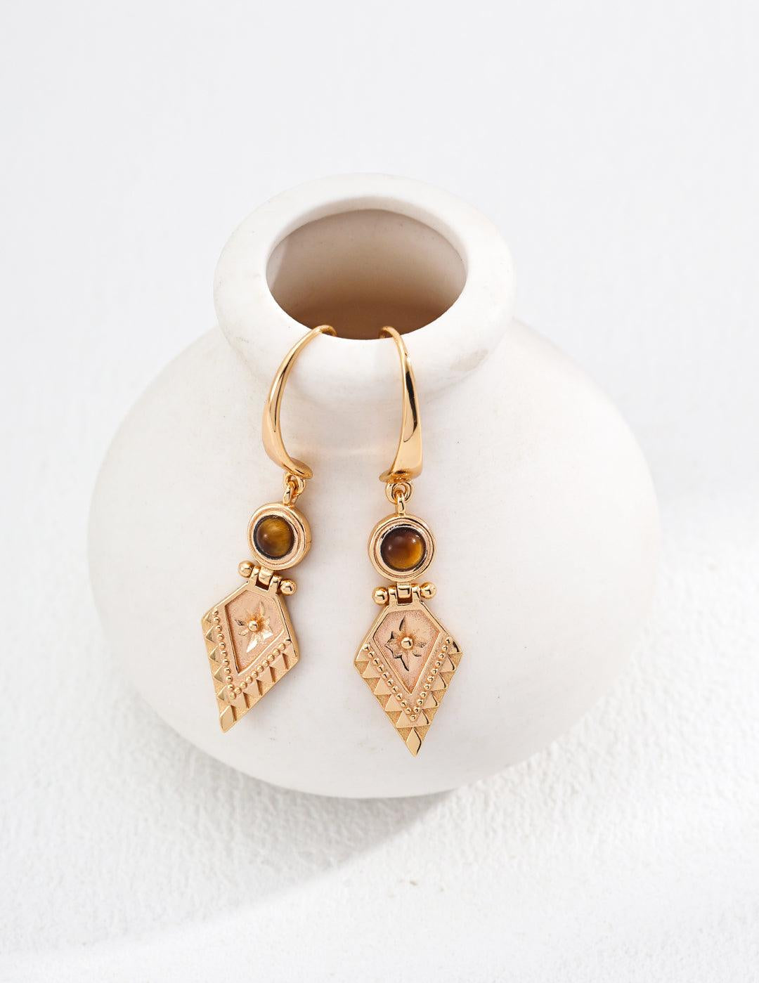 Diamond Pendant Tiger Eye Gemstone Earrings - Gembea Jewelry