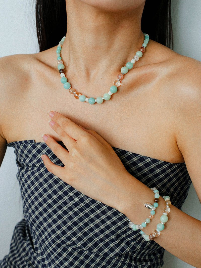 Dopamine Blue Amazonite Beaded Wave Necklace gembea jewelry