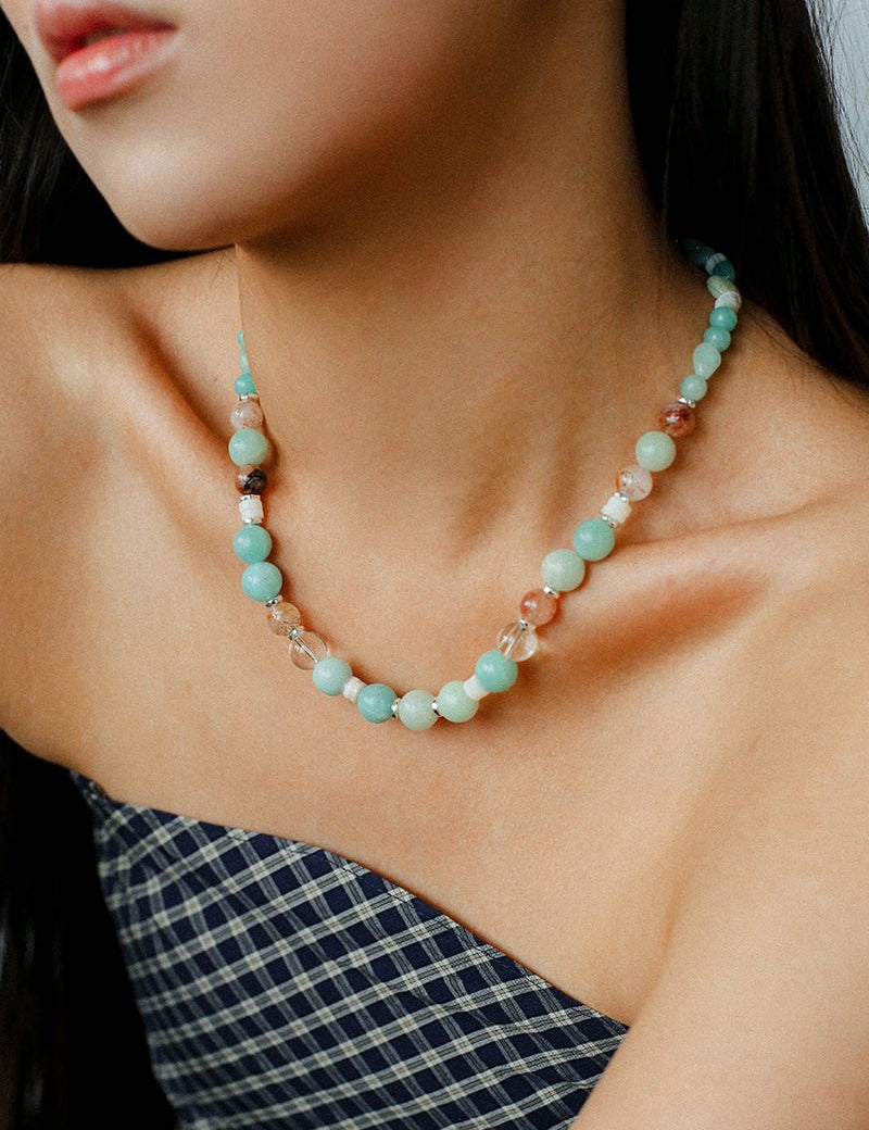 Dopamine Blue Amazonite Beaded Wave Necklace gembea jewelry
