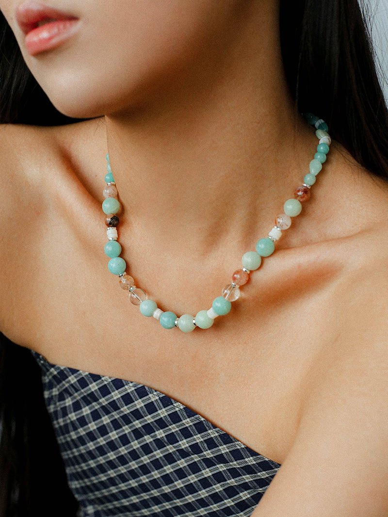 Dopamine Blue Amazonite Beaded Wave Necklace gembea jewelry