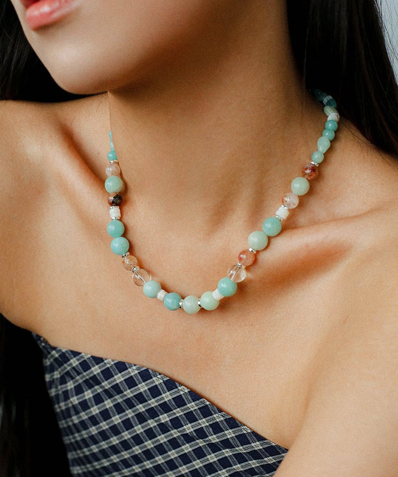 Dopamine Blue Amazonite Beaded Wave Necklace gembea jewelry