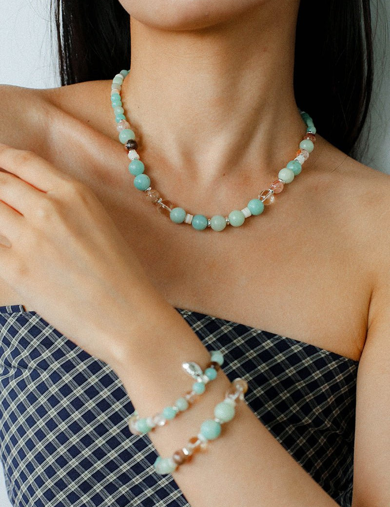 Dopamine Blue Amazonite Elastic Beaded Bracelet gembea jewelry