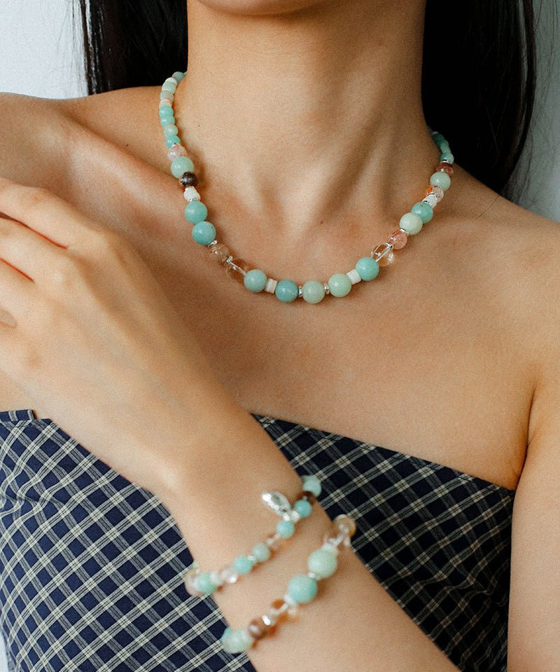 Dopamine Blue Amazonite Elastic Beaded Bracelet gembea jewelry