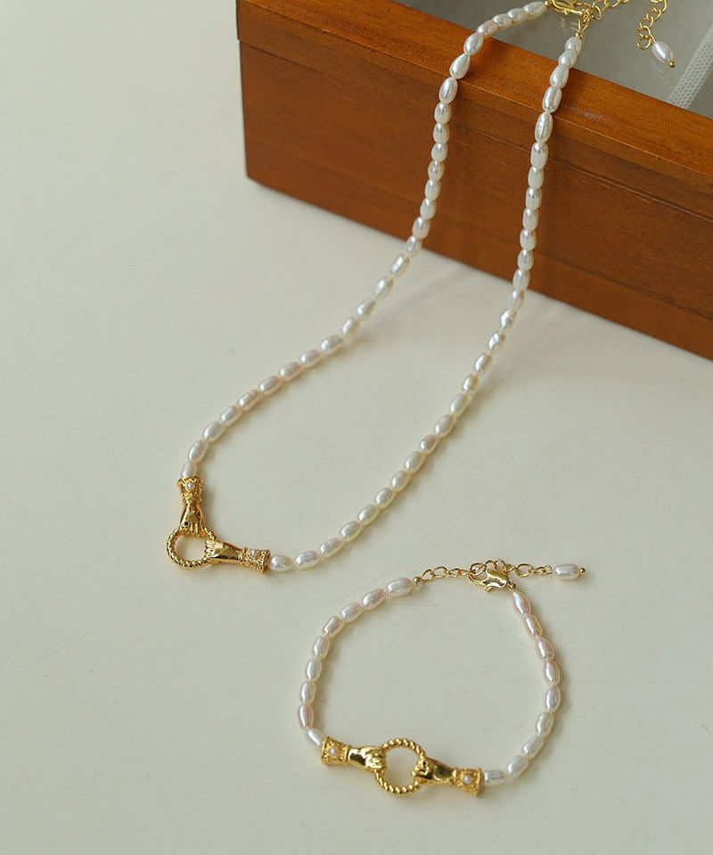 Double-Handed Ring Clasp Pearl Beaded Bracelet gembea jewelry