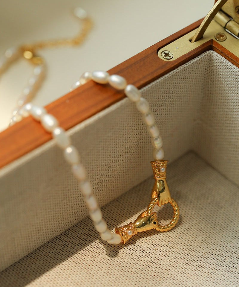 Double-Handed Ring Clasp Pearl Beaded Necklace gembea jewelry