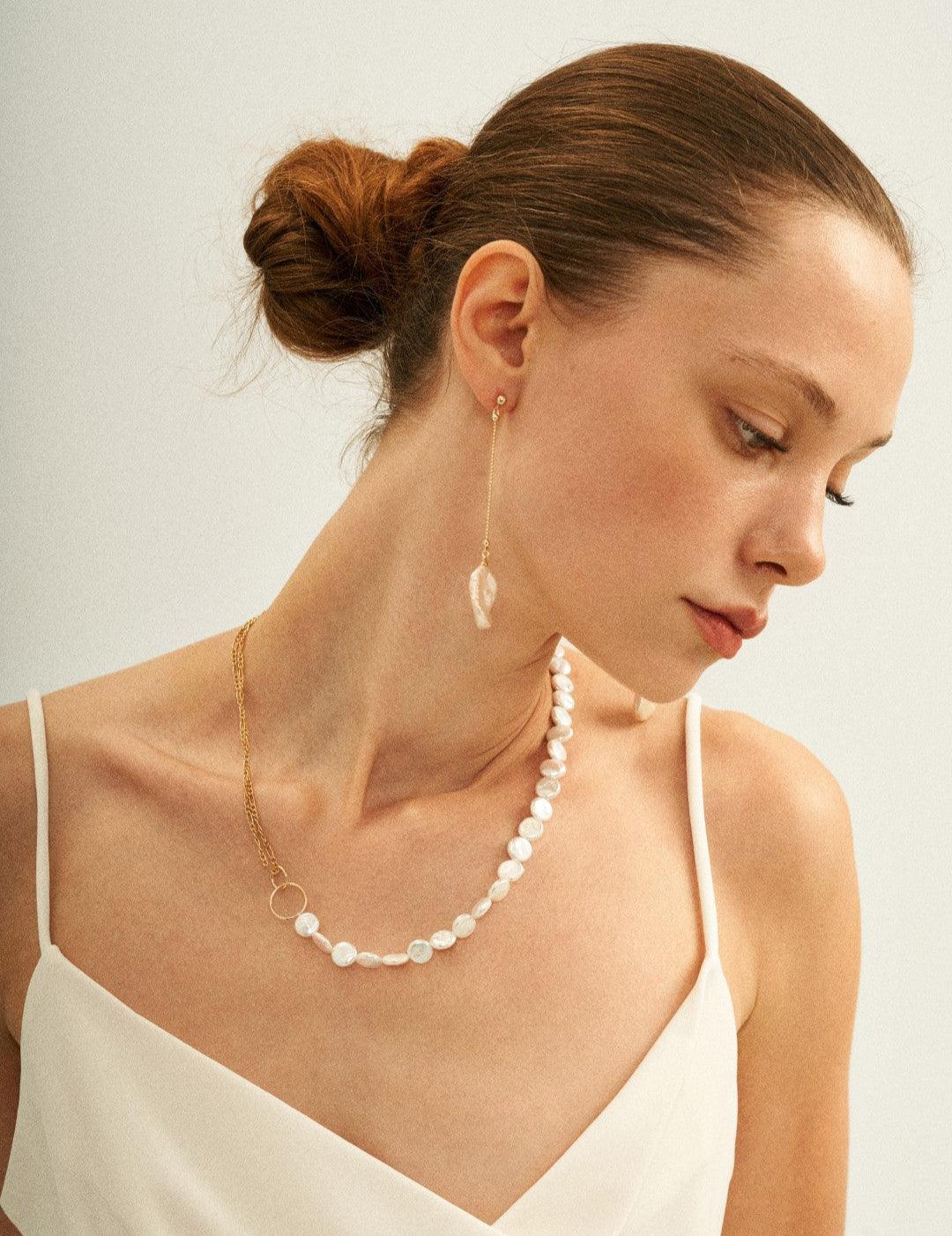 Double Chain Small Circle Baroque Pearl Necklace - Gembea Jewelry
