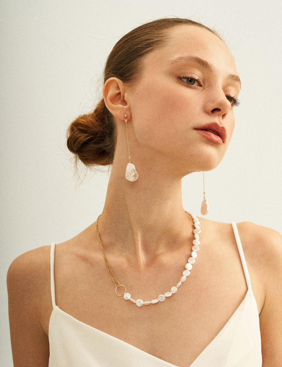 Double Chain Small Circle Baroque Pearl Necklace - Gembea Jewelry