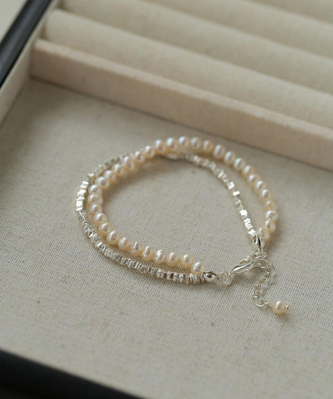 Natural Pearl Silver Bean Double Bracelet - Gembea Jewelry