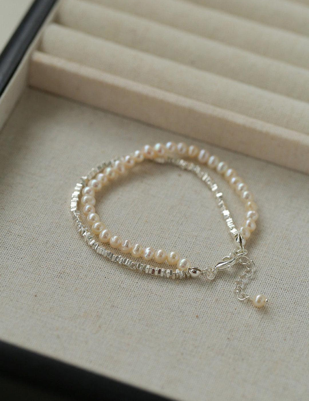 Natural Pearl Silver Bean Double Bracelet - Gembea Jewelry