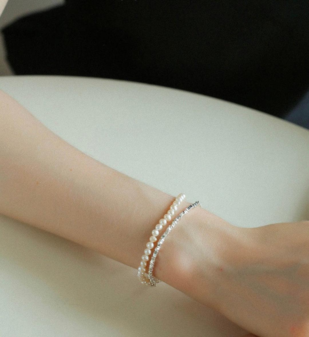Natural Pearl Silver Bean Double Bracelet - Gembea Jewelry