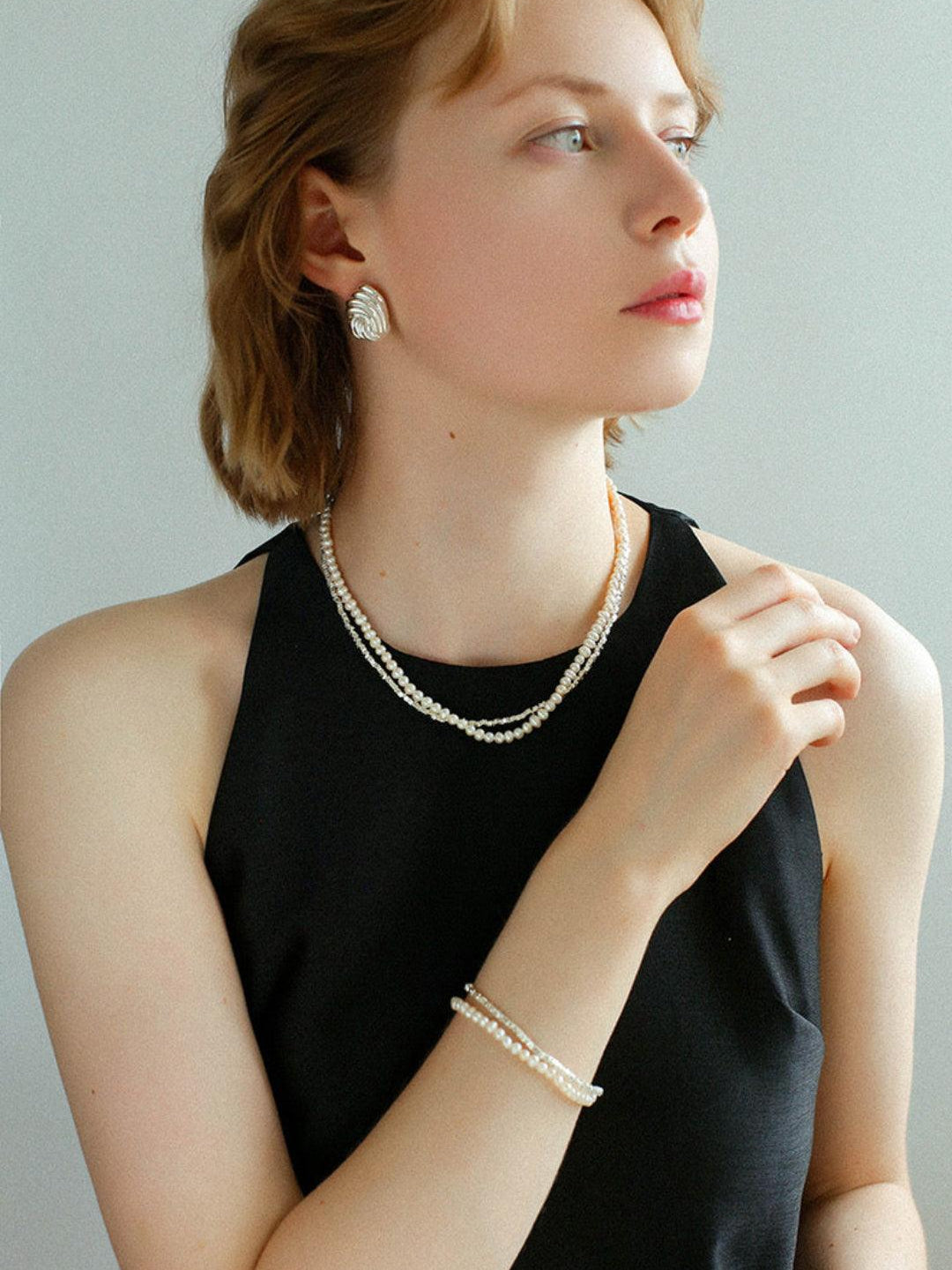 Natural Pearl Silver Bean Double Bracelet - Gembea Jewelry