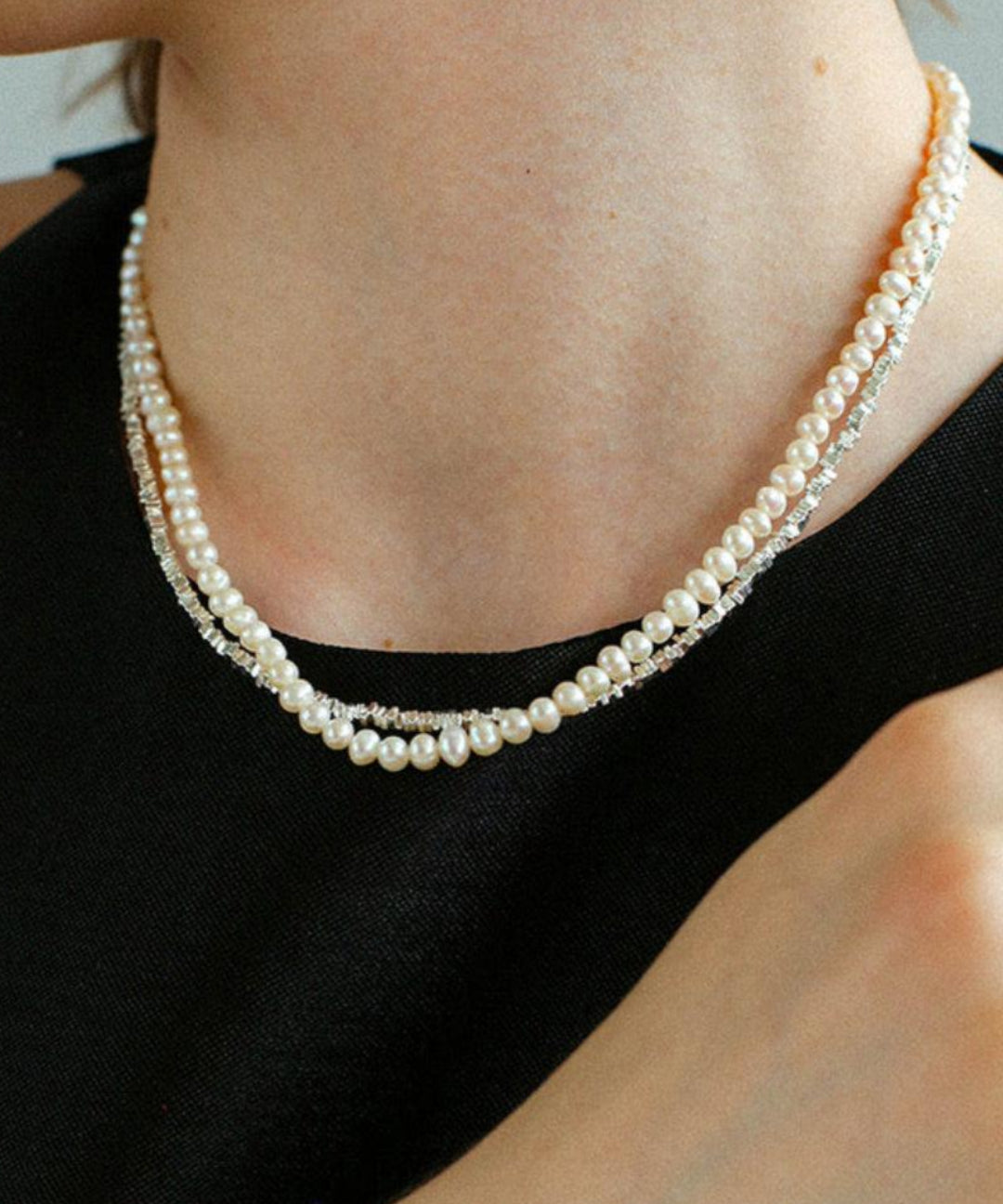 Natural Pearl Silver Bean Double Necklace - Gembea Jewelry