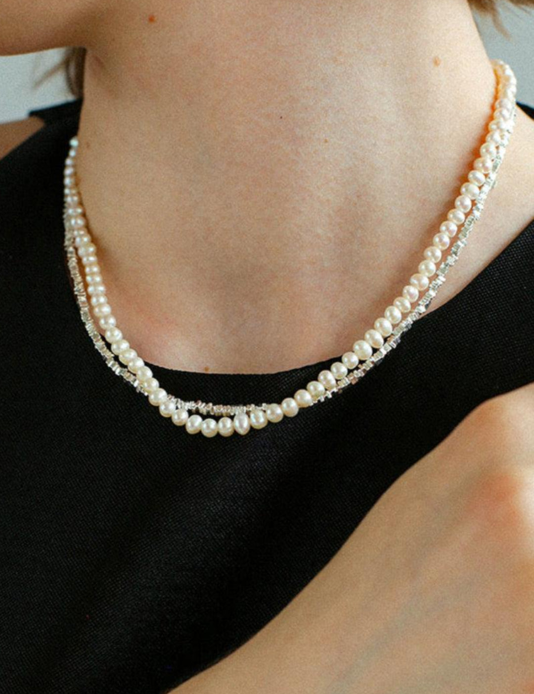 Natural Pearl Silver Bean Double Necklace - Gembea Jewelry