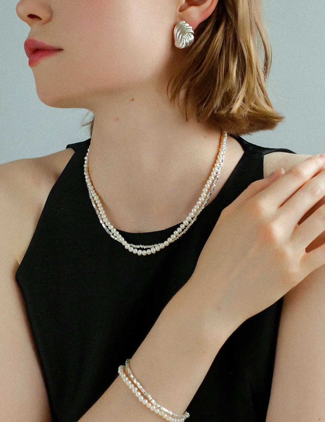 Natural Pearl Silver Bean Double Necklace - Gembea Jewelry