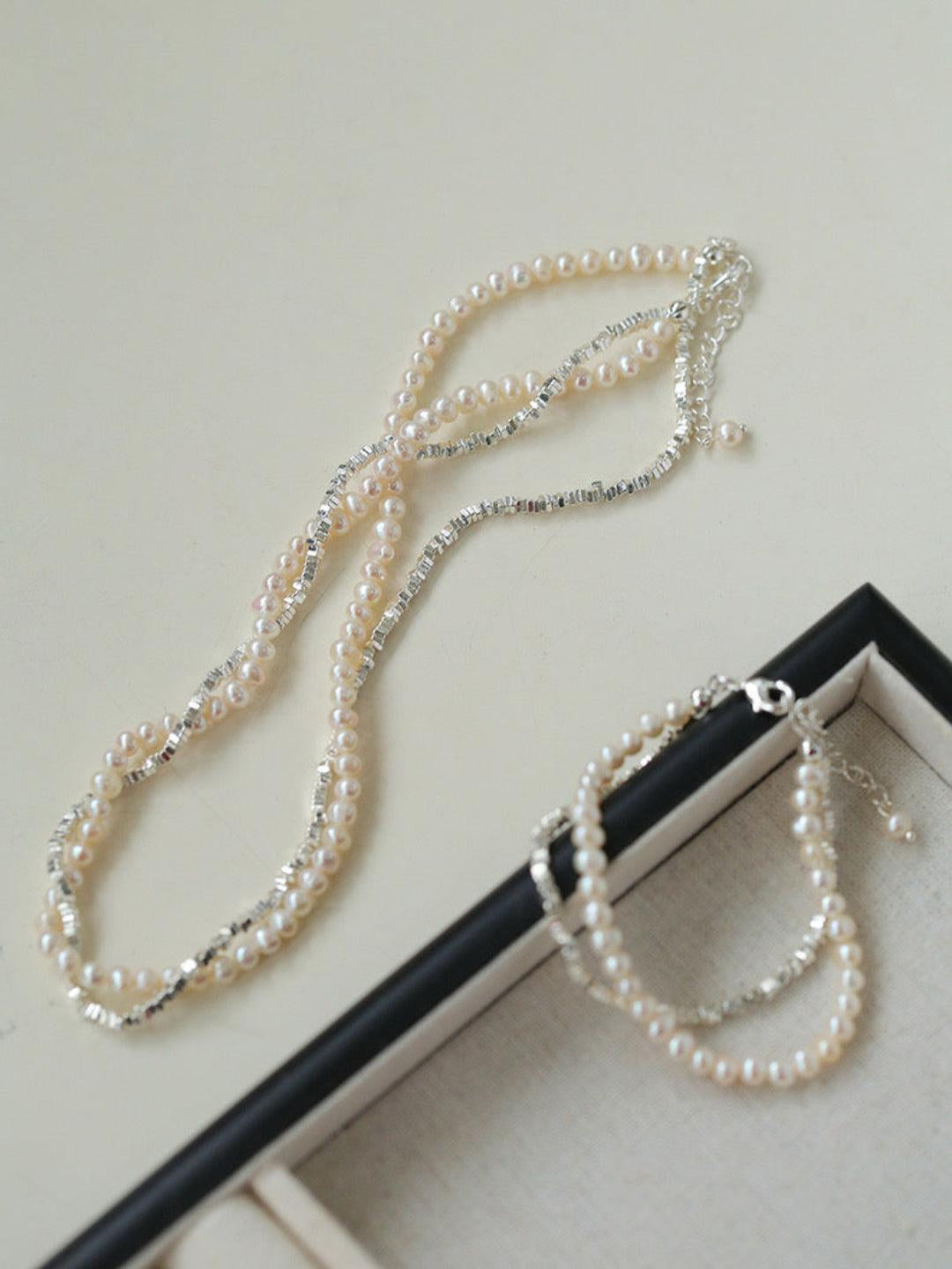 Natural Pearl Silver Bean Double Necklace - Gembea Jewelry