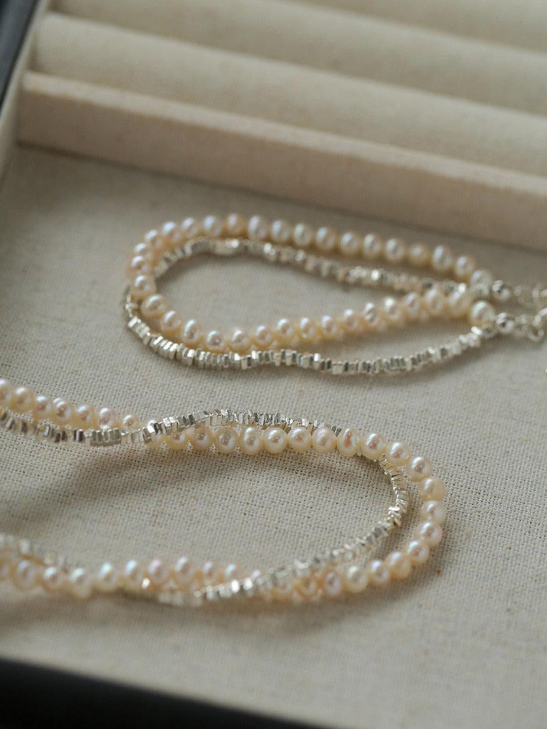 Natural Pearl Silver Bean Double Necklace - Gembea Jewelry