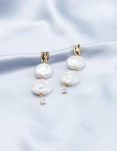 Double Round Pendant Baroque Drop Pearl Earrings - Gembea Jewelry