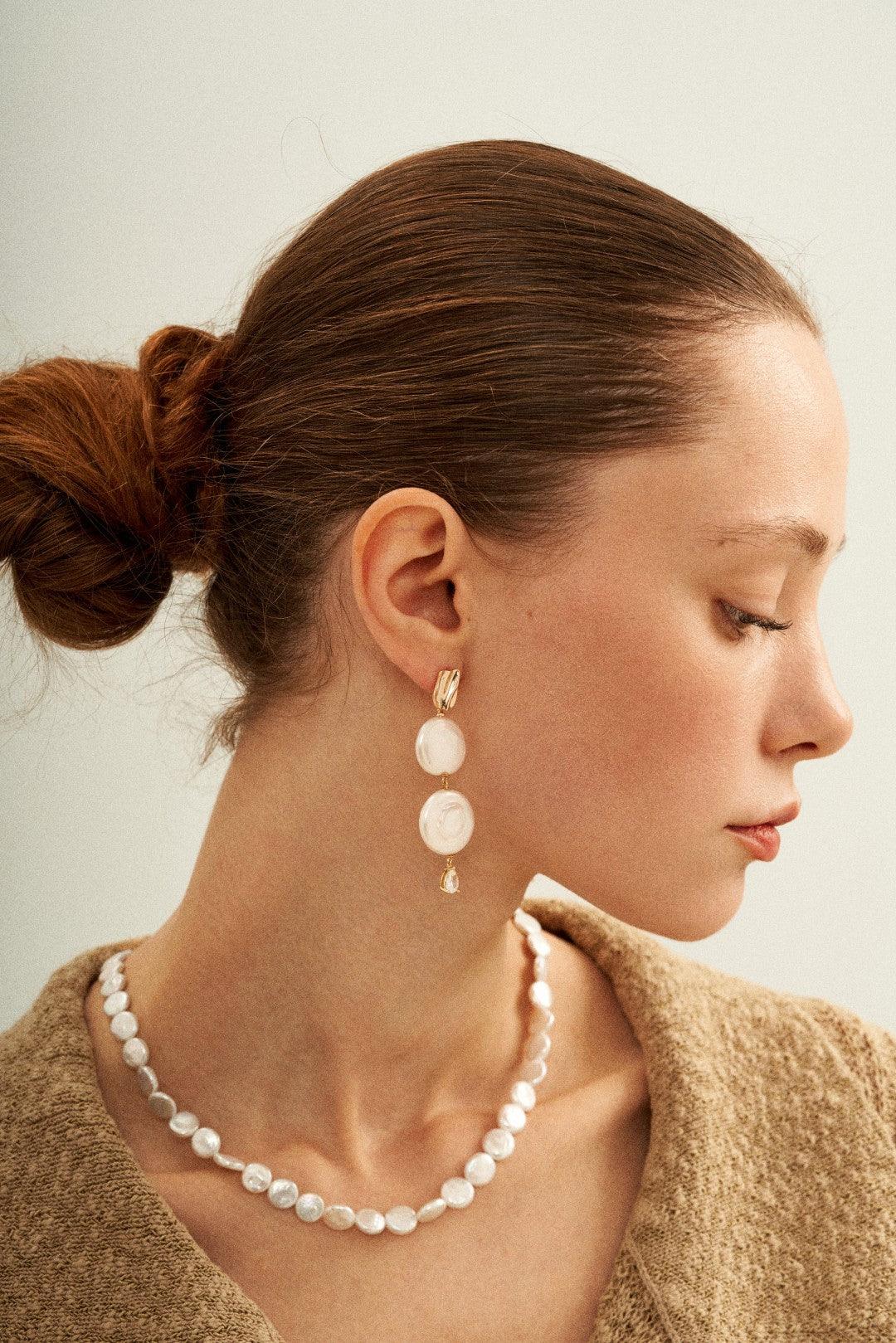 Double Round Pendant Baroque Drop Pearl Earrings - Gembea Jewelry