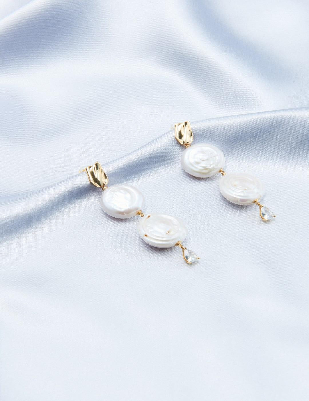 Double Round Pendant Baroque Drop Pearl Earrings - Gembea Jewelry