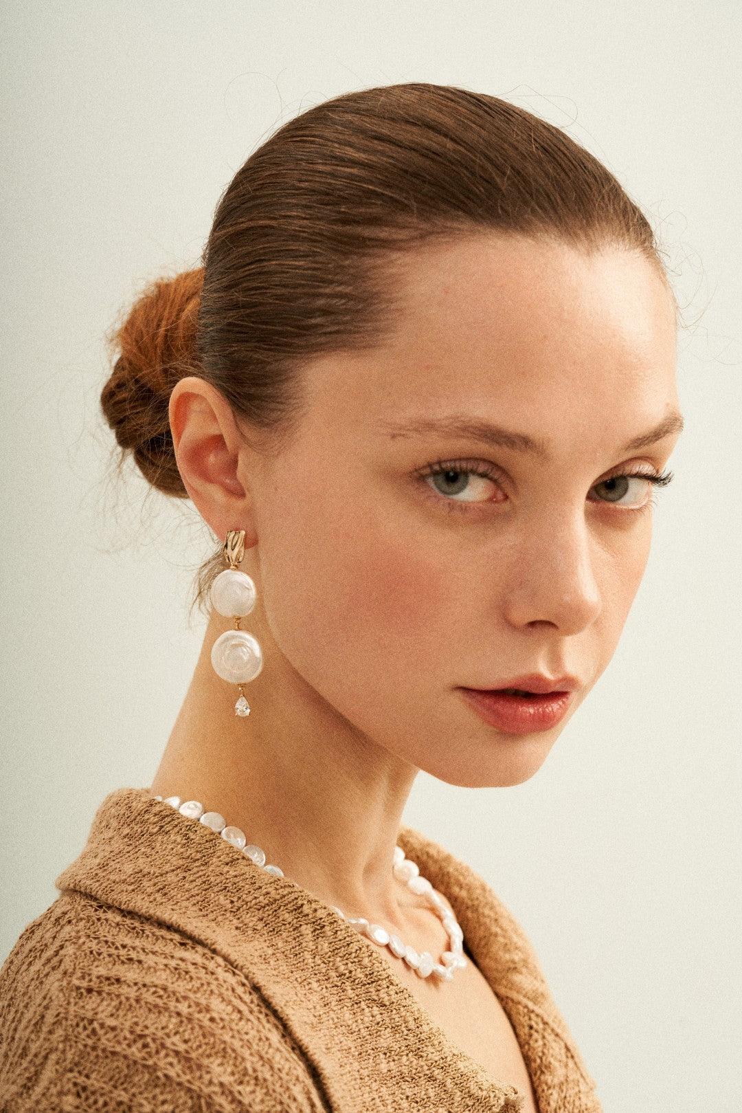 Double Round Pendant Baroque Drop Pearl Earrings - Gembea Jewelry