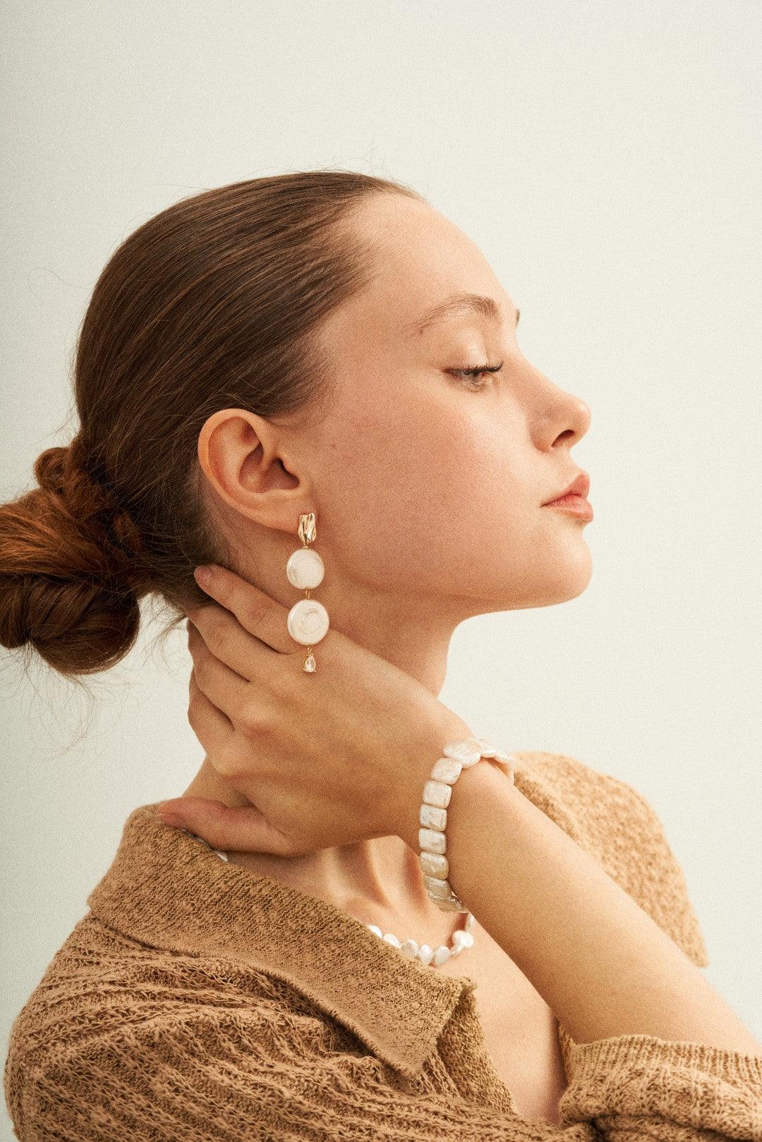 Double Round Pendant Baroque Drop Pearl Earrings - Gembea Jewelry