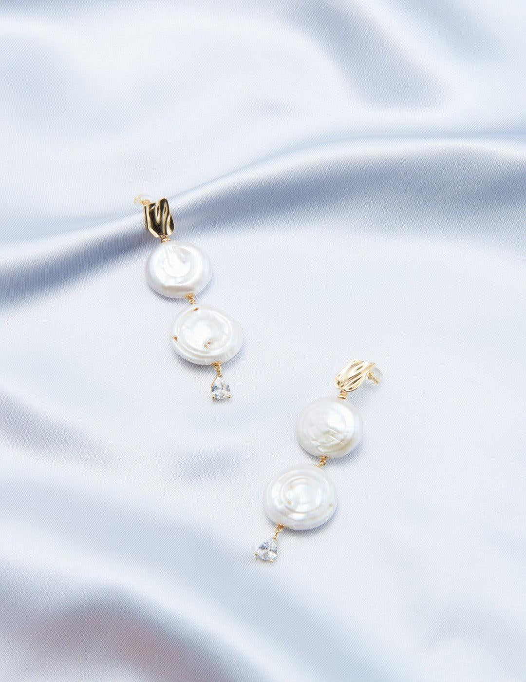 Double Round Pendant Baroque Drop Pearl Earrings - Gembea Jewelry