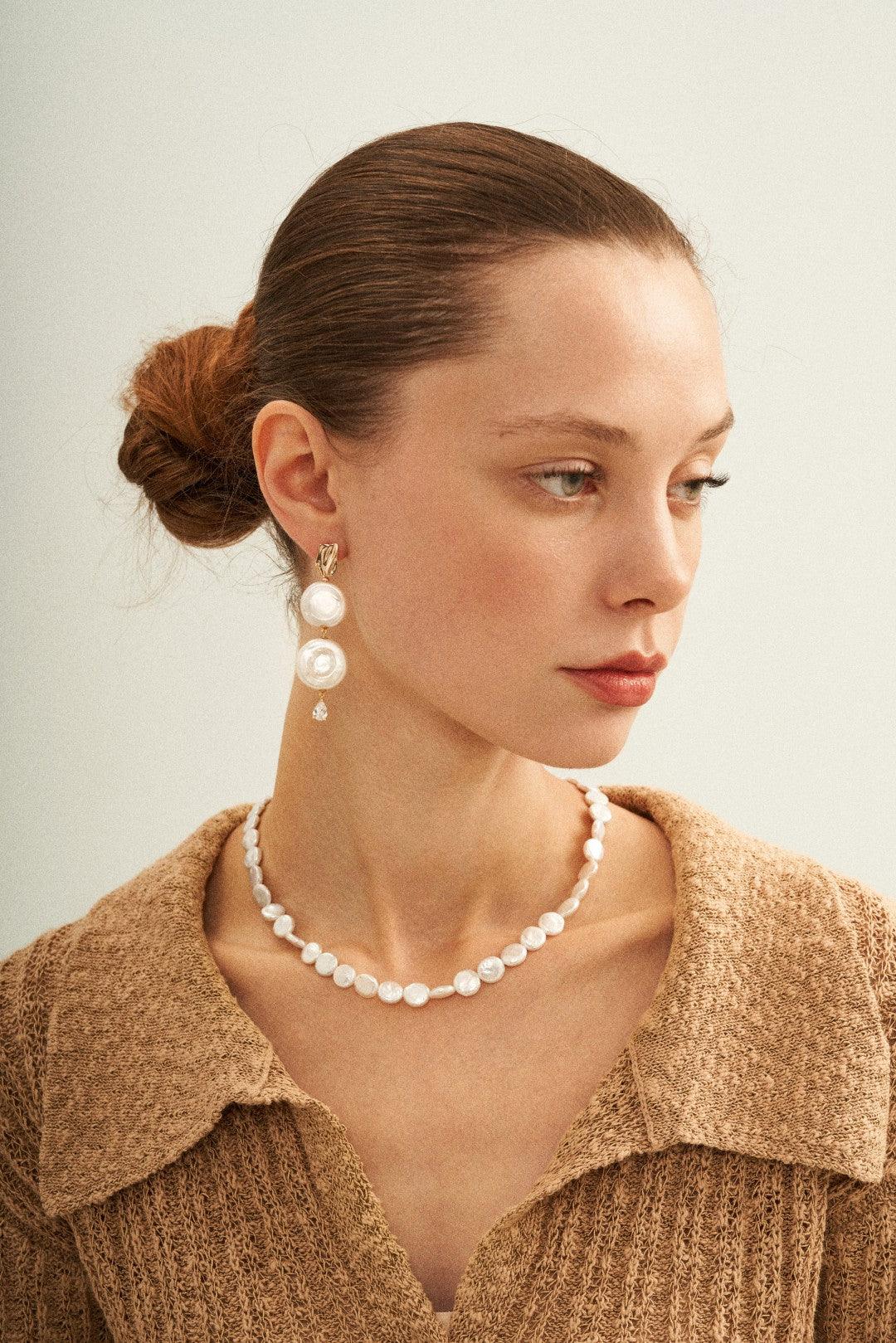 Double Round Pendant Baroque Drop Pearl Earrings - Gembea Jewelry