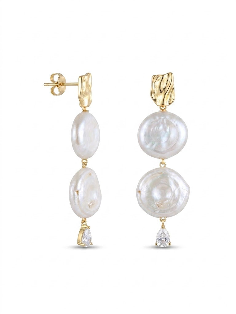 Double Round Pendant Baroque Drop Pearl Earrings gembea jewelry