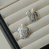 Elegant Natural Pearl Double Silver Flower Stud Earrings