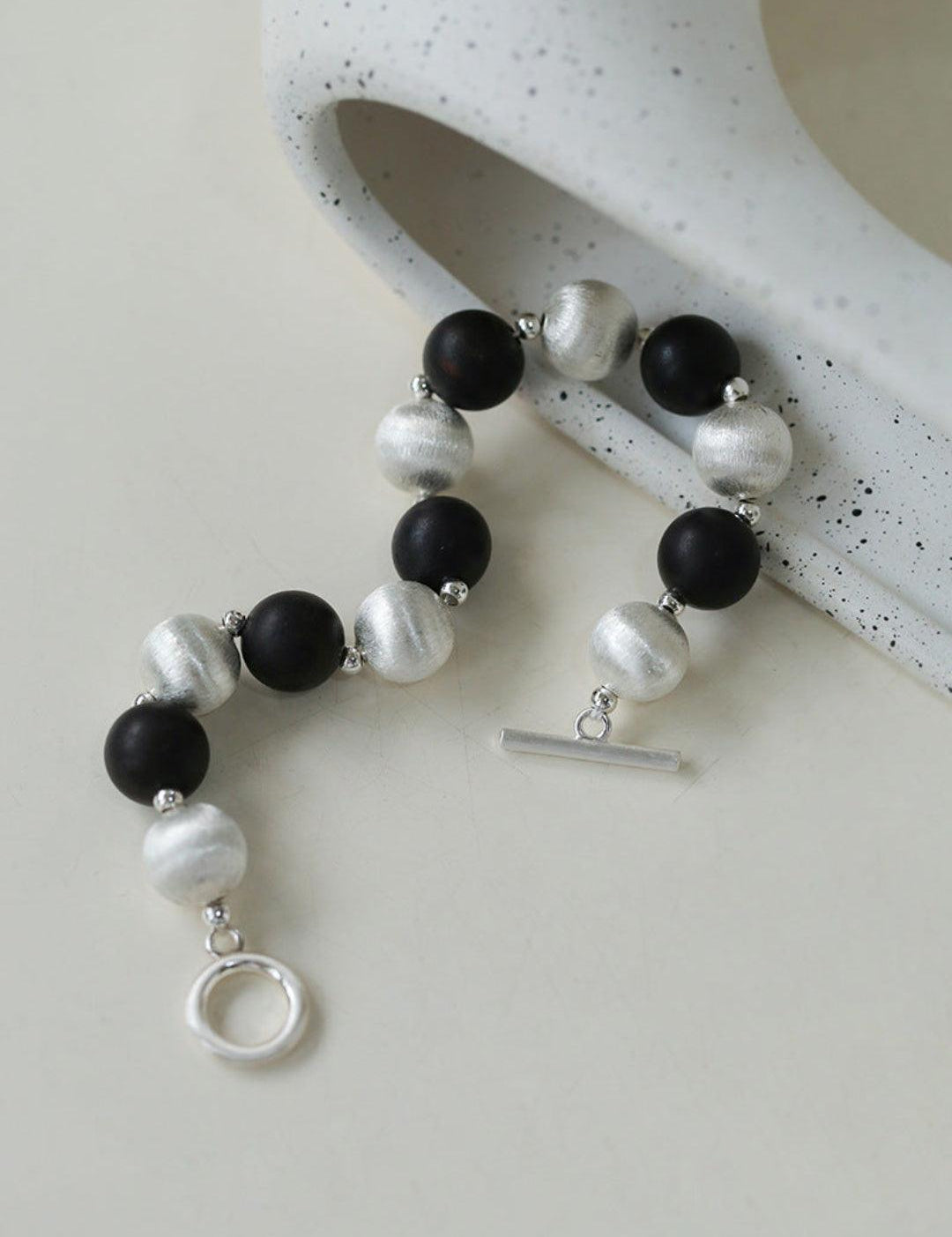 Ebony and Silver Ball Brushed Beaded Bracelet - Gembea Jewelry