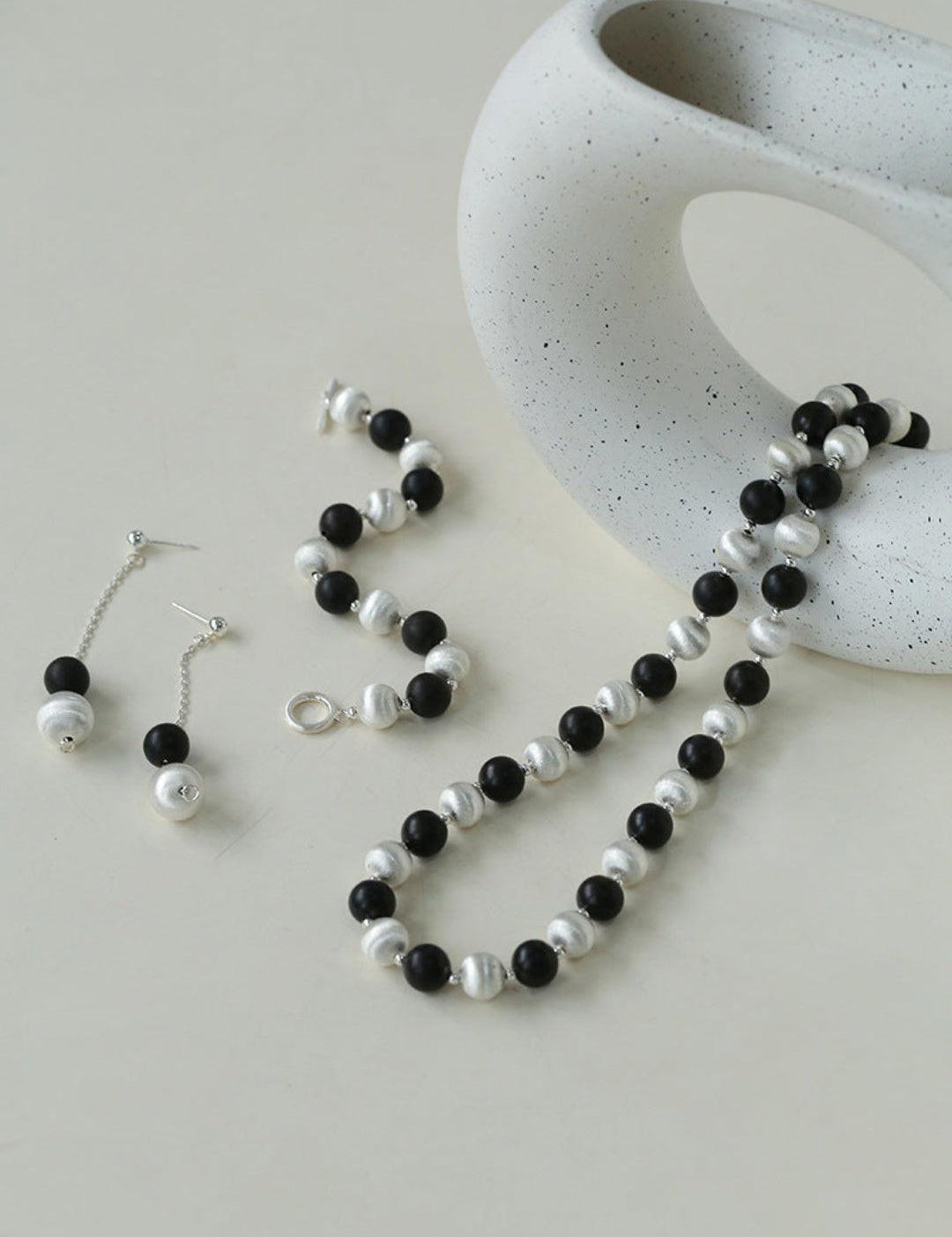 Ebony and Silver Ball Brushed Beaded Bracelet - Gembea Jewelry