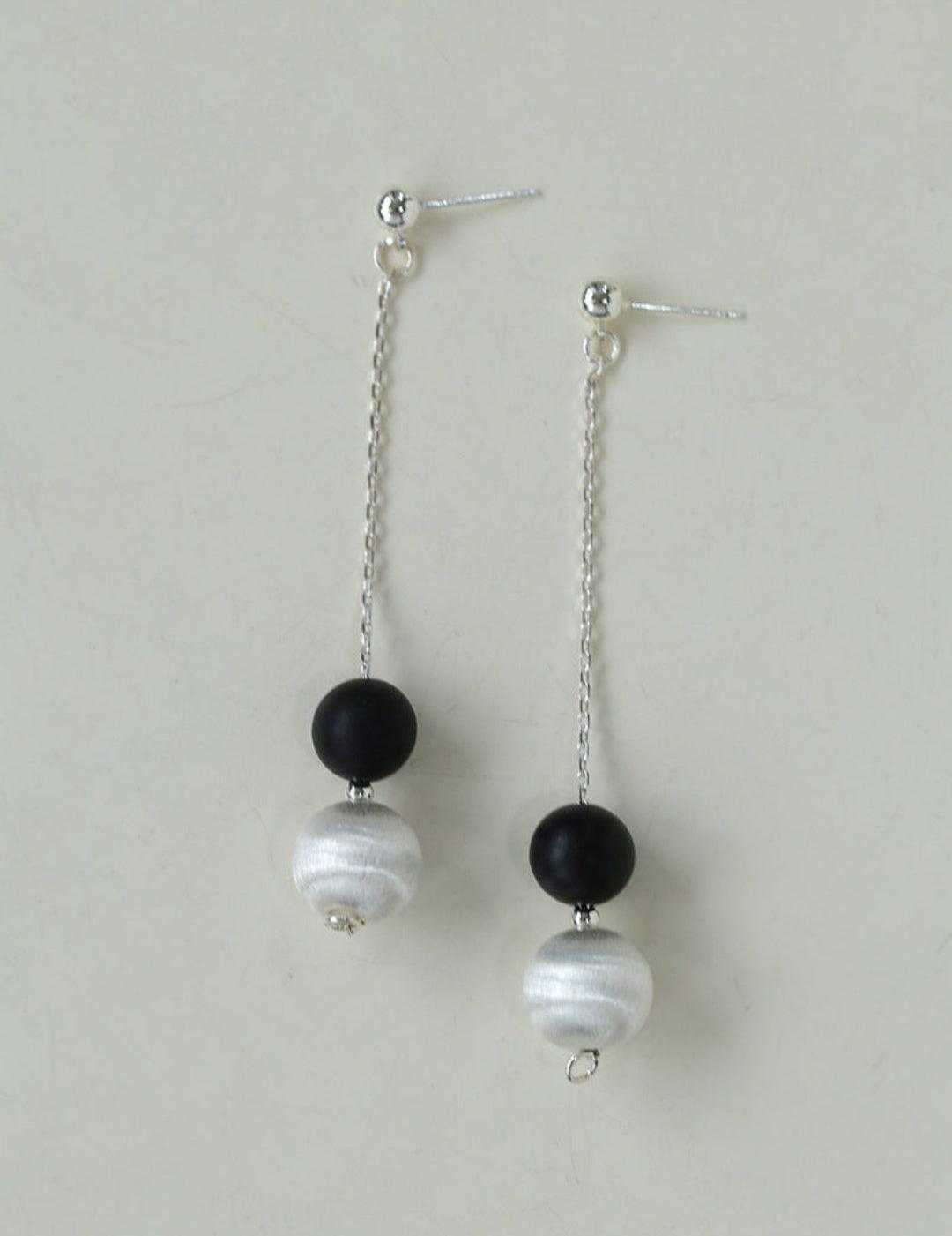 Ebony and Silver Ball Brushed Drop Earrings - Gembea Jewelry