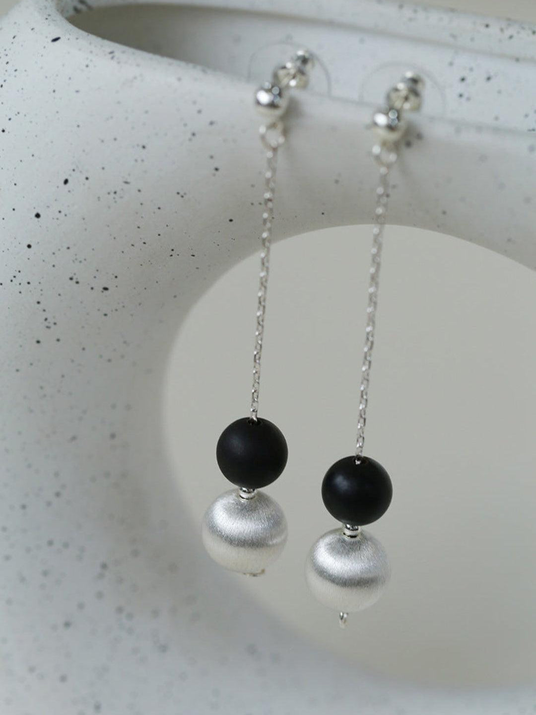 Ebony and Silver Ball Brushed Drop Earrings - Gembea Jewelry