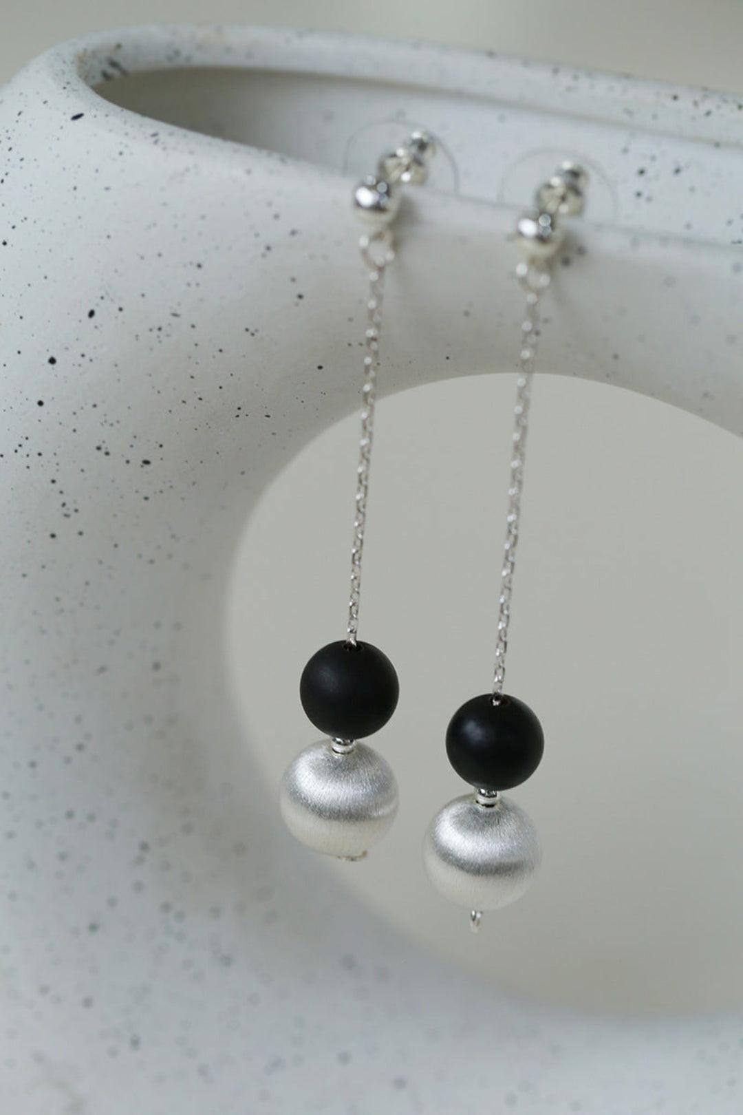 Ebony and Silver Ball Brushed Drop Earrings - Gembea Jewelry