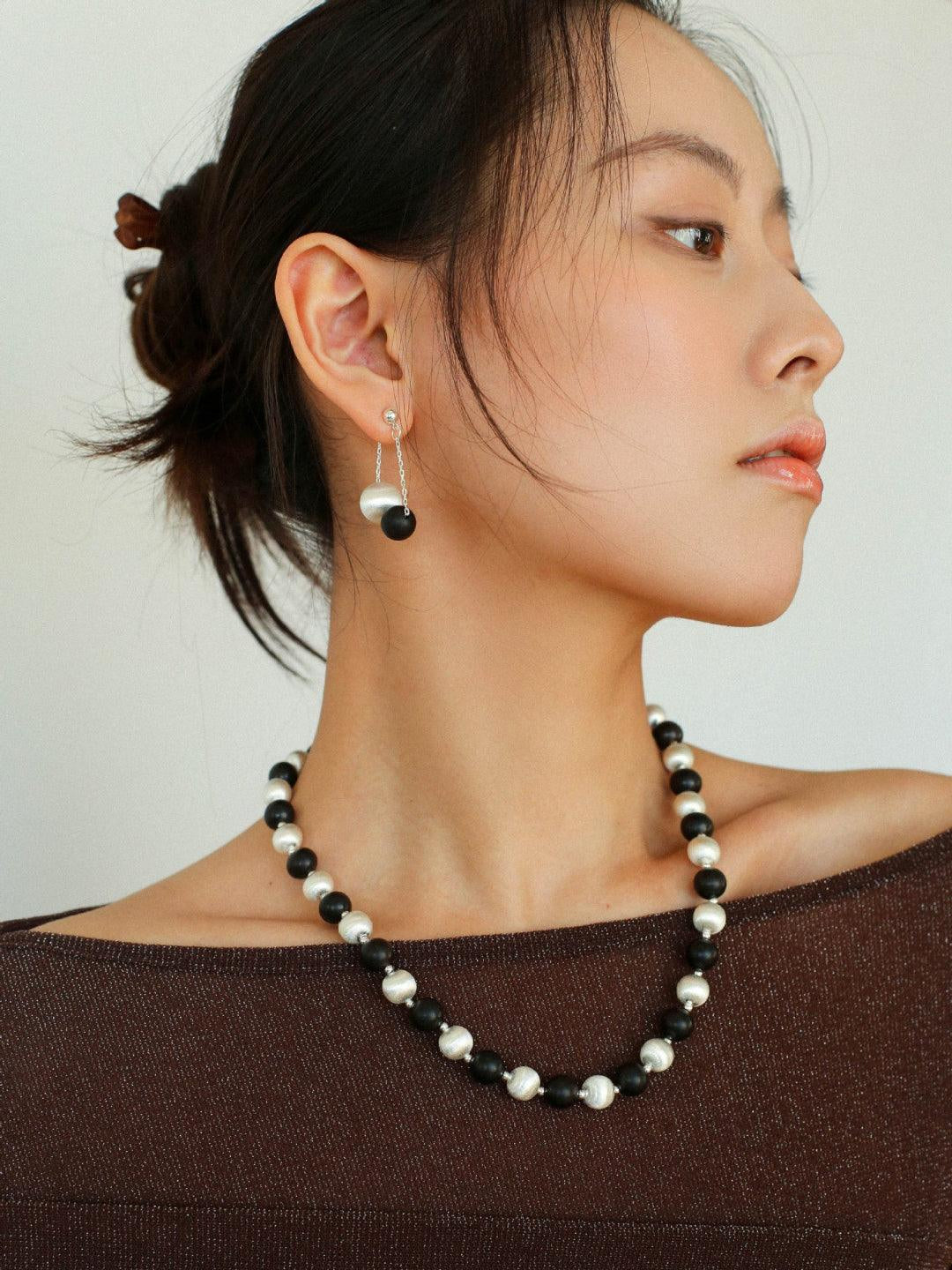 Ebony and Silver Ball Brushed Drop Earrings - Gembea Jewelry