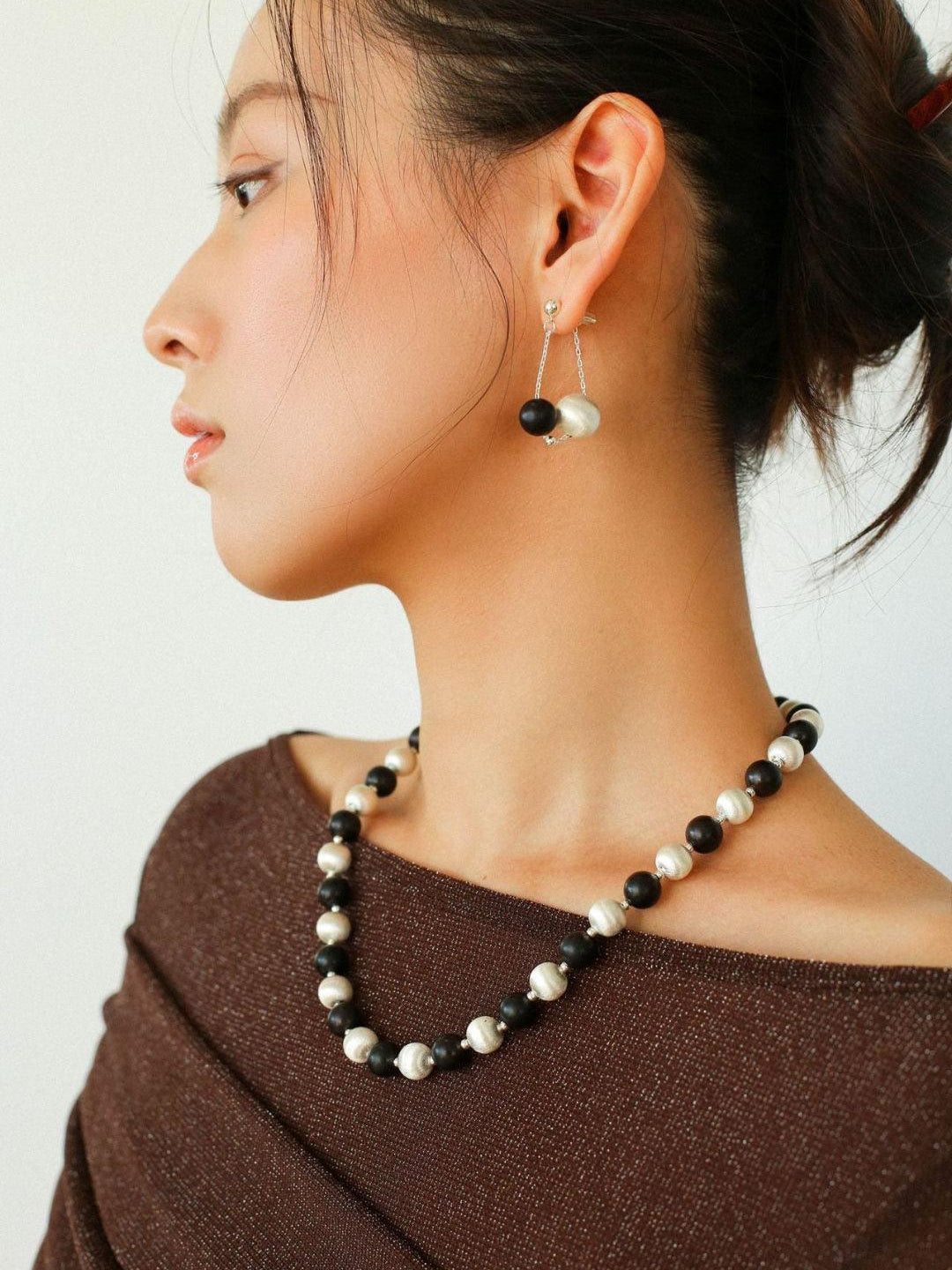 Ebony and Silver Ball Brushed Drop Earrings - Gembea Jewelry