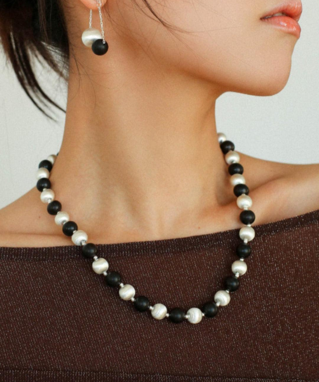 Ebony and Silver Ball Brushed Beaded Necklace - Gembea Jewelry